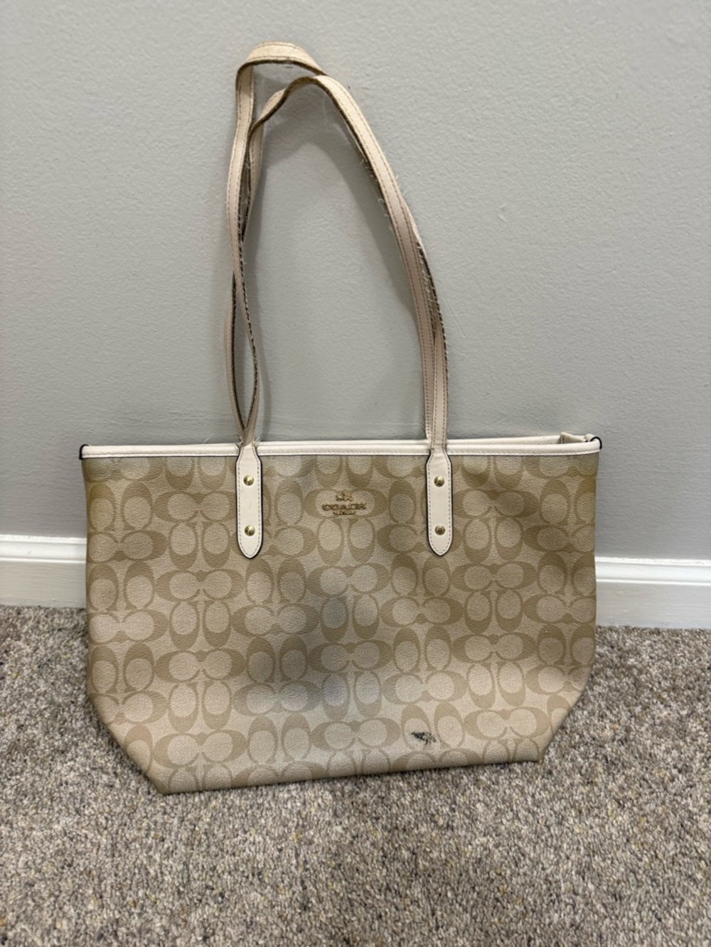 Coach Beige Signature Canvas Tote with Cream Trim